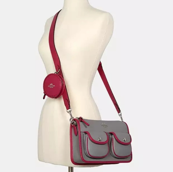 Coach Pennie Crossbody With Coin Case Pebble Leather Pink Gray C5674 - Picture 2 of 9